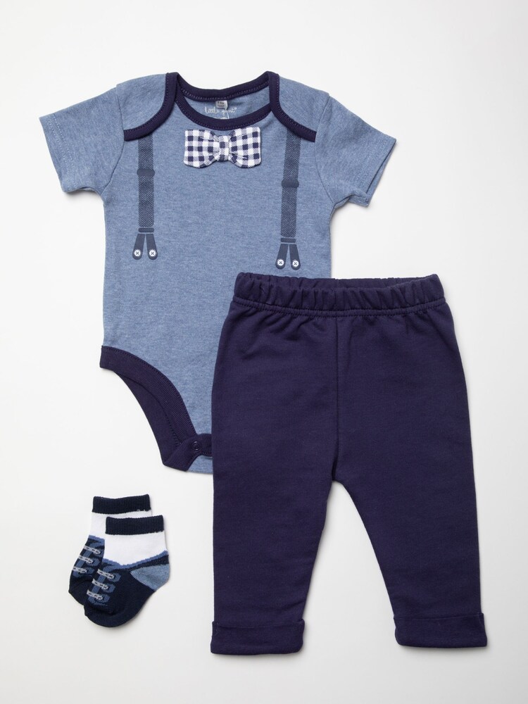 Little Gent Baby Blue Bowtie Print 3 Piece 100% Cotton Gift Set - Image 1 of 5
