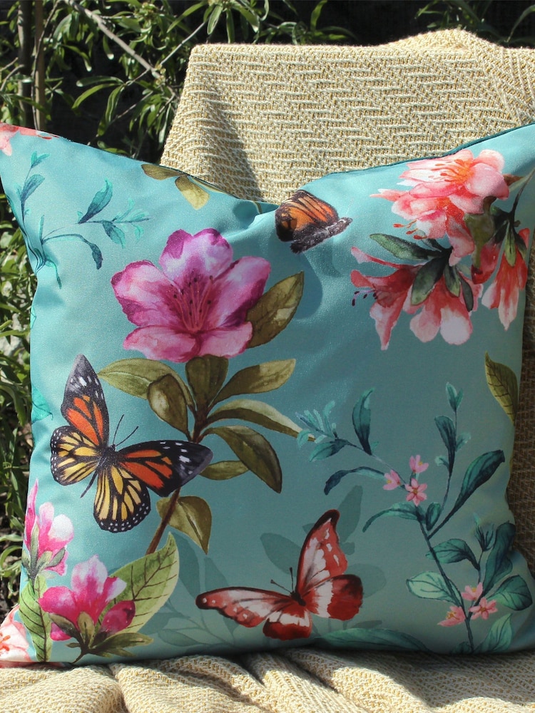 Evans Lichfield Duck Egg Blue Butterflies Outdoor Polyester Filled Cushion - Image 1 of 5