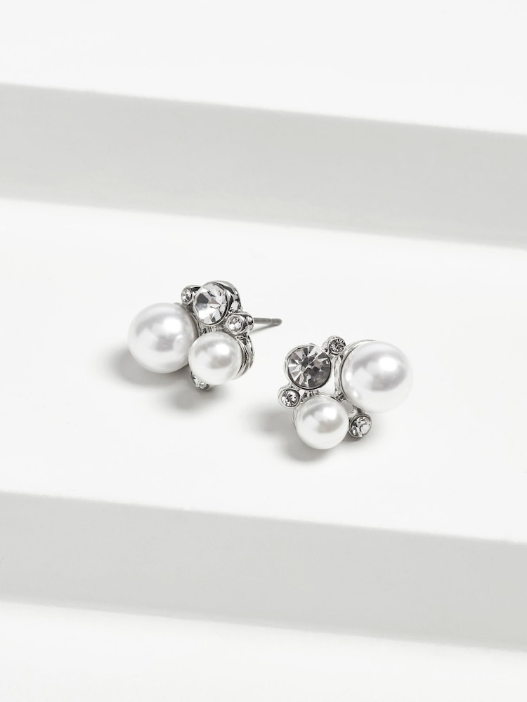 Silver Tone Pearl Effect Cluster Stud Earrings - Image 2 of 2