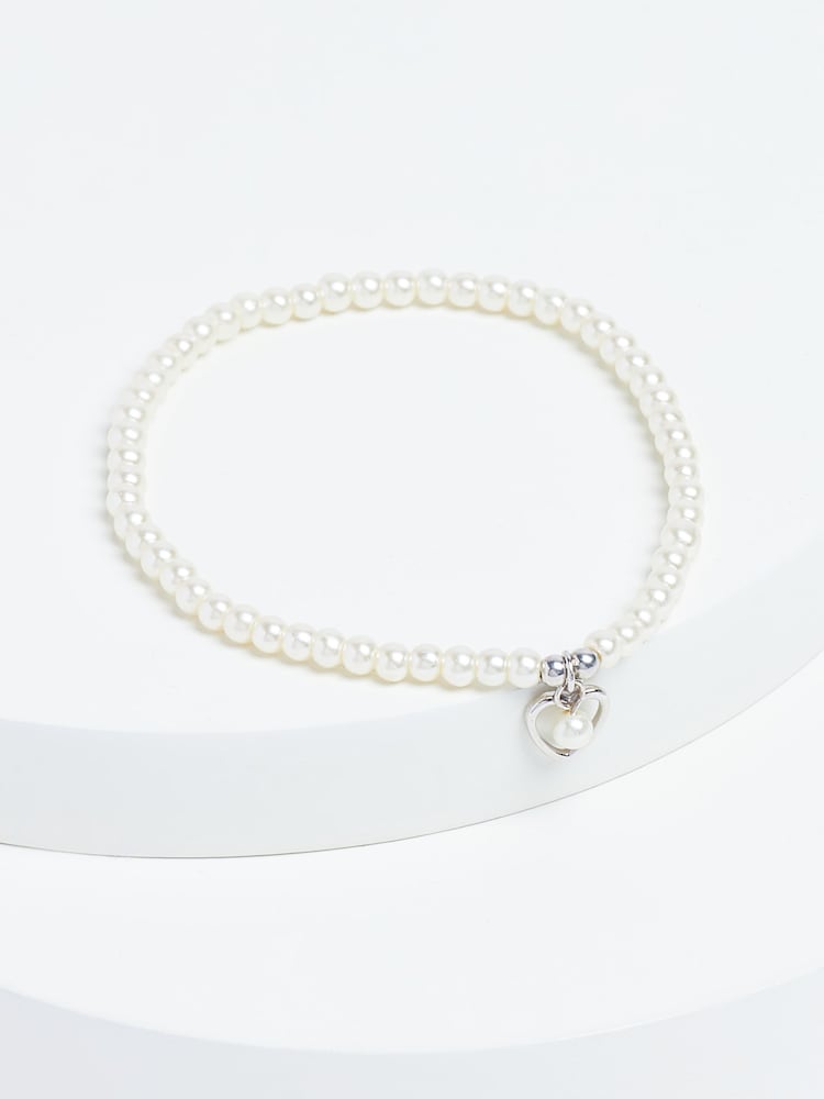 Sterling Silver Heart Charm Pearl Effect Beaded Bracelet - Image 1 of 3