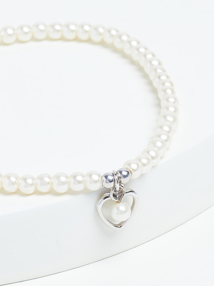 Sterling Silver Heart Charm Pearl Effect Beaded Bracelet - Image 2 of 3