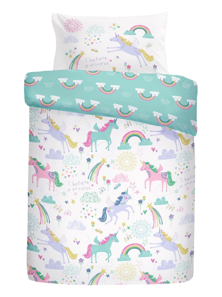 Bedlam White/Green Rainbow Unicorn Duvet Cover and Pillowcase Set - Image 4 of 4