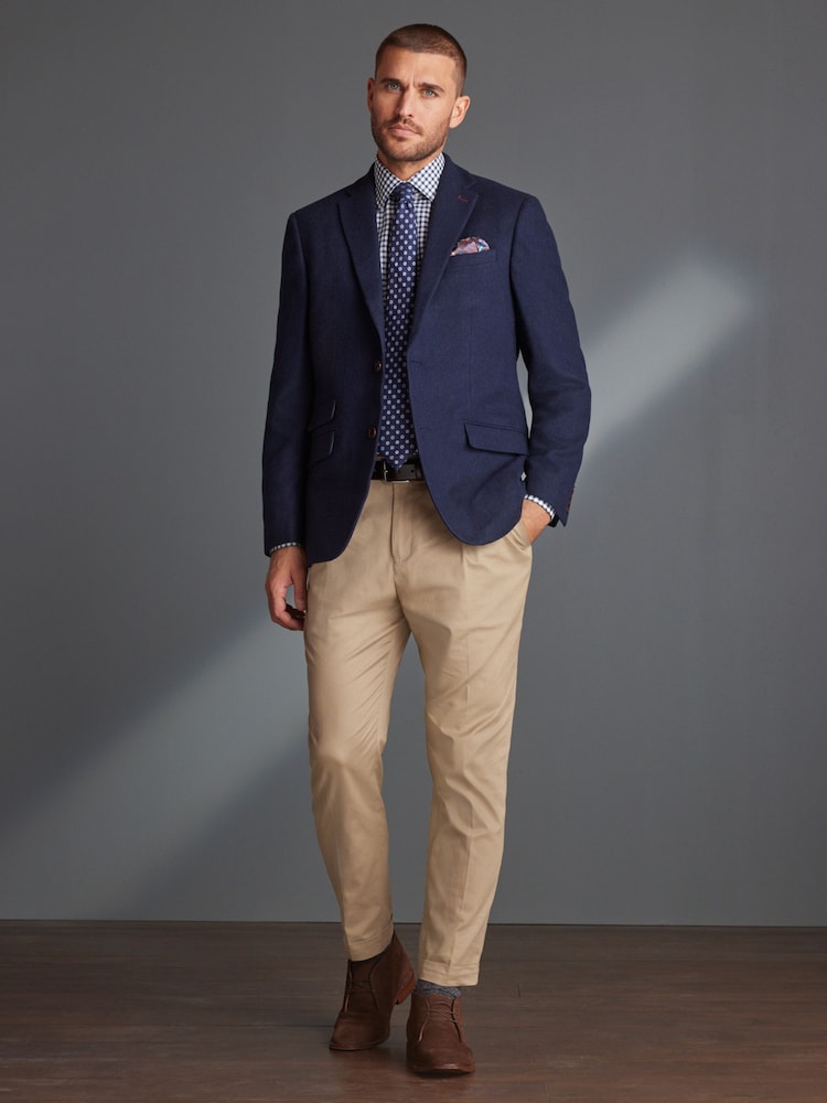 Navy Blue Slim Fit Nova Fides Signature Herringbone Wool Blazer - Image 2 of 8