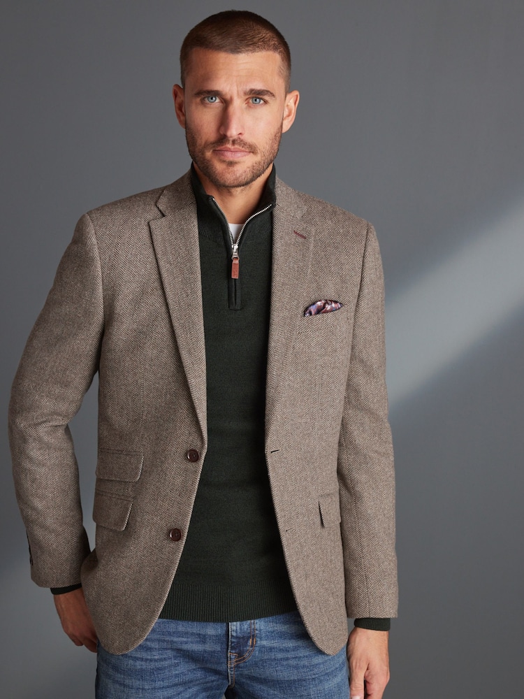 Taupe Brown Slim Fit Nova Fides Signature Herringbone Wool Blazer - Image 1 of 12