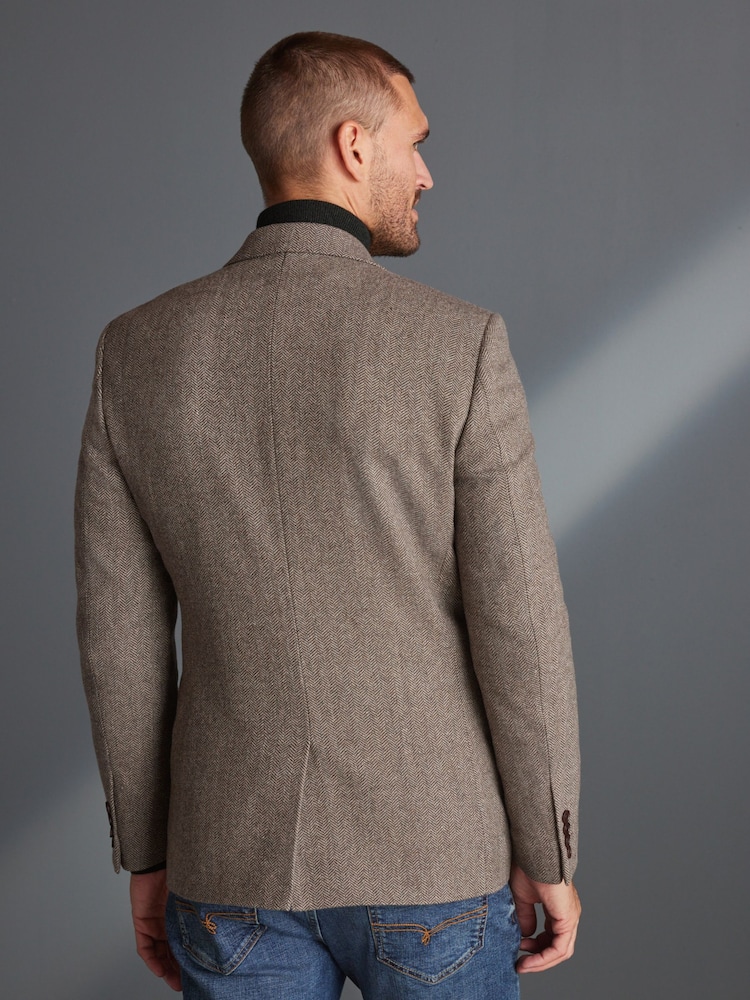 Taupe Brown Slim Fit Nova Fides Signature Herringbone Wool Blazer - Image 3 of 12