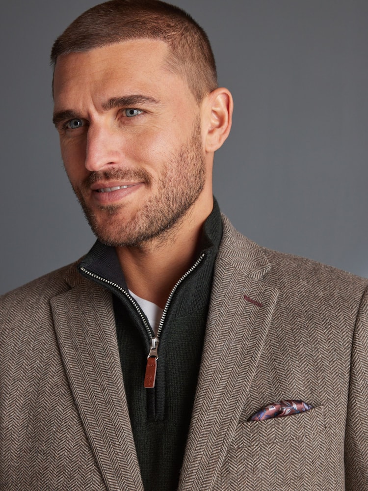 Taupe Brown Slim Fit Nova Fides Signature Herringbone Wool Blazer - Image 4 of 12