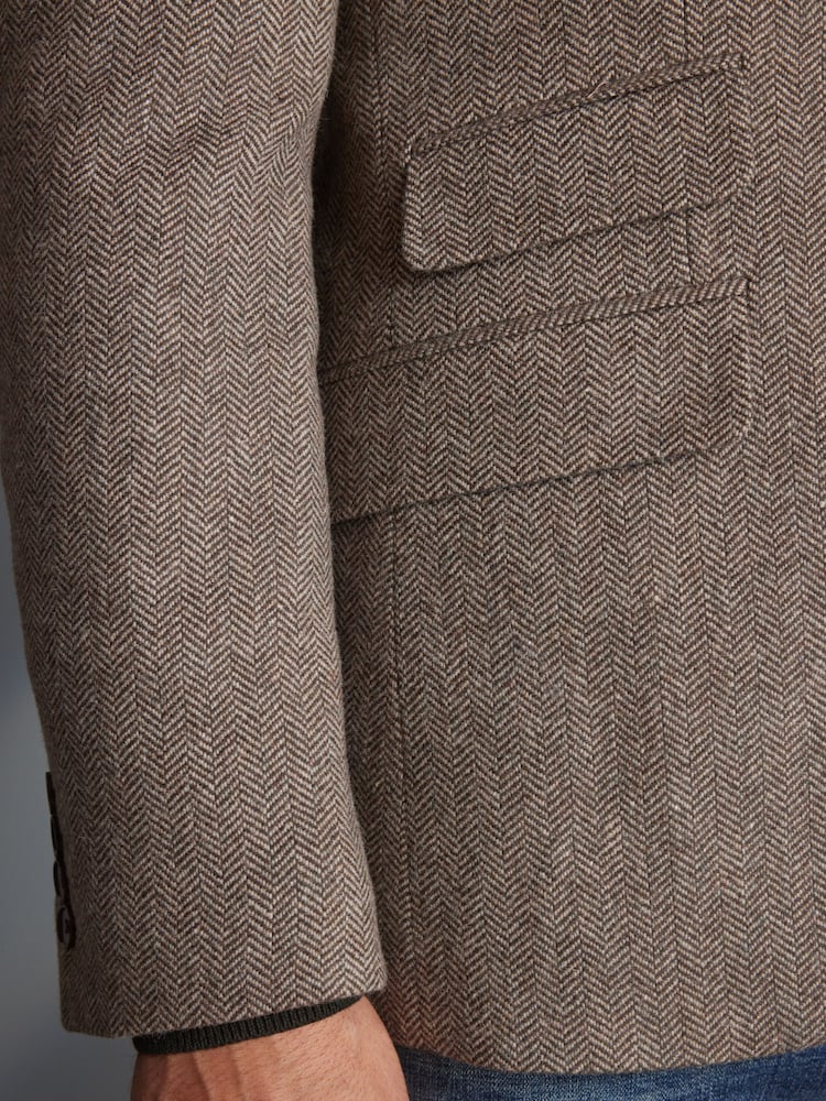 Taupe Brown Slim Fit Nova Fides Signature Herringbone Wool Blazer - Image 6 of 12
