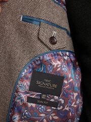 Taupe Brown Slim Fit Nova Fides Signature Herringbone Wool Blazer - Image 7 of 12