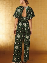 Celia Birtwell Green Print Flute Sleeve V-Neck Jumpsuit - Image 3 of 5