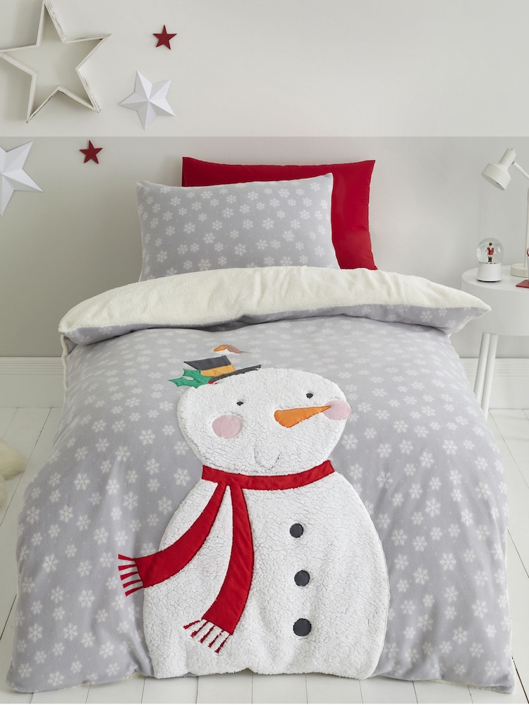 Catherine Lansfield Grey Cosy Snowman Teddy Fleece Duvet Cover And Pillowcase Set - Image 1 of 4