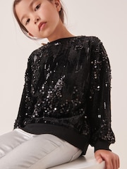 Schwarz/Silberne Pailletten - Sweatshirt mit Pailletten und Rundhalsausschnitt (3–16 J.) - Bild 1 von 7