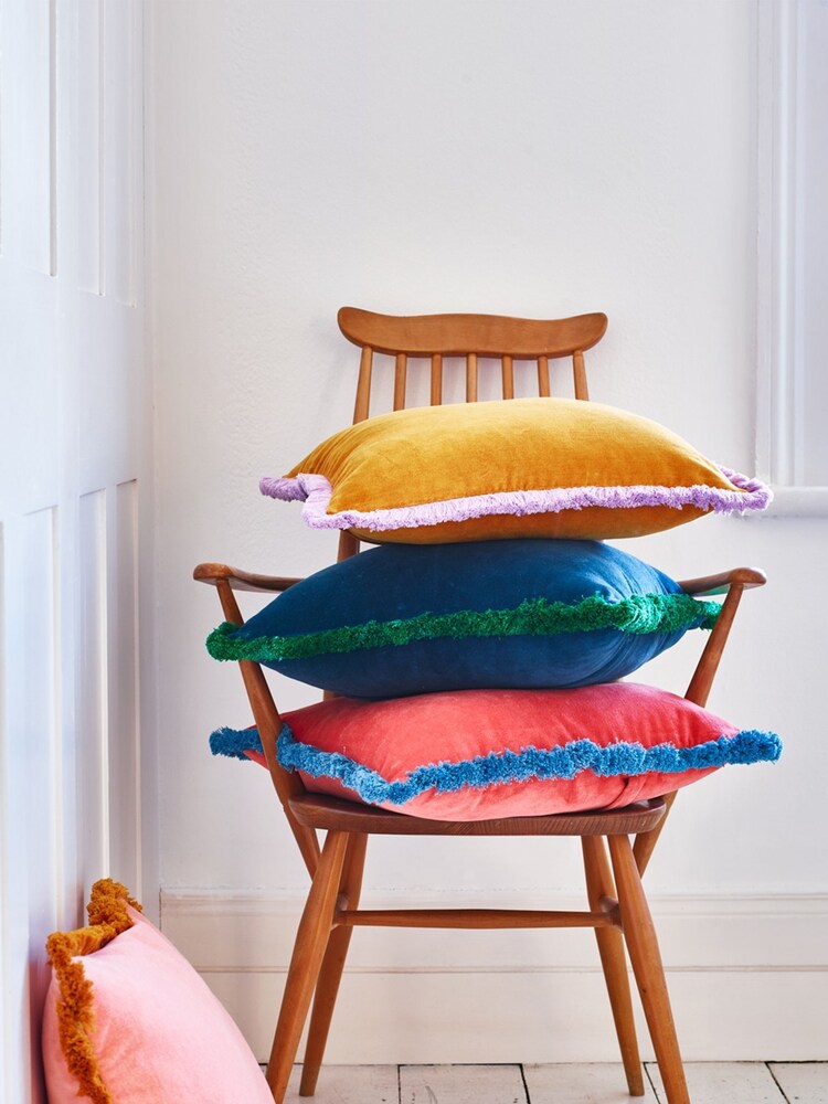Oliver Bonas Mustard Yellow 100% Cotton Issey Mustard Velvet Fringed Cushion Cover - Image 1 of 4