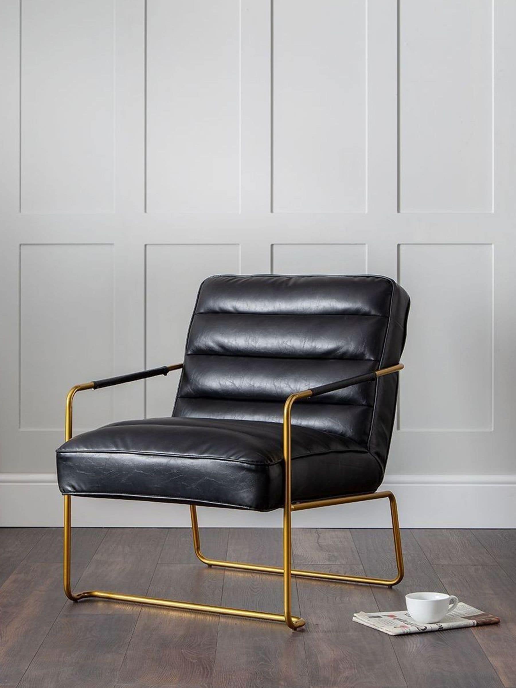 Julian Bowen Giorgio Accent Chair, Faux Leather, Black & Gold - H82 x W78cm | Modern Accent Chair for Living Room, Padded Seat, Metal Frame, Gold-Finish Details - Image 6