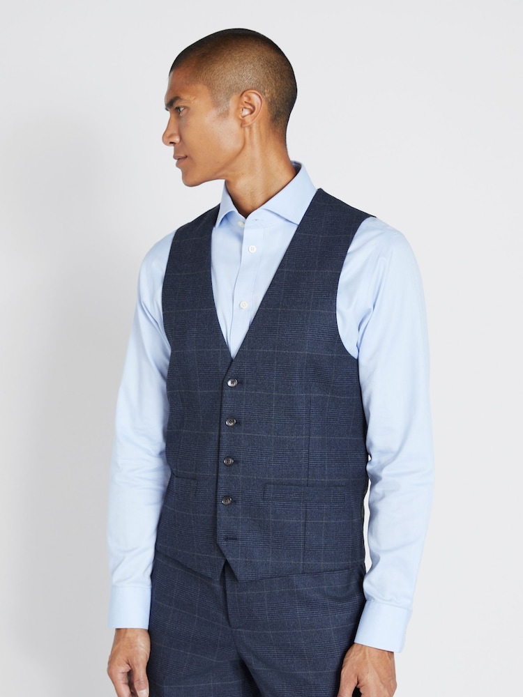 MOSS Blue/Khaki Green Regular Fit Check Suit Waistcoat - Image 1 of 3