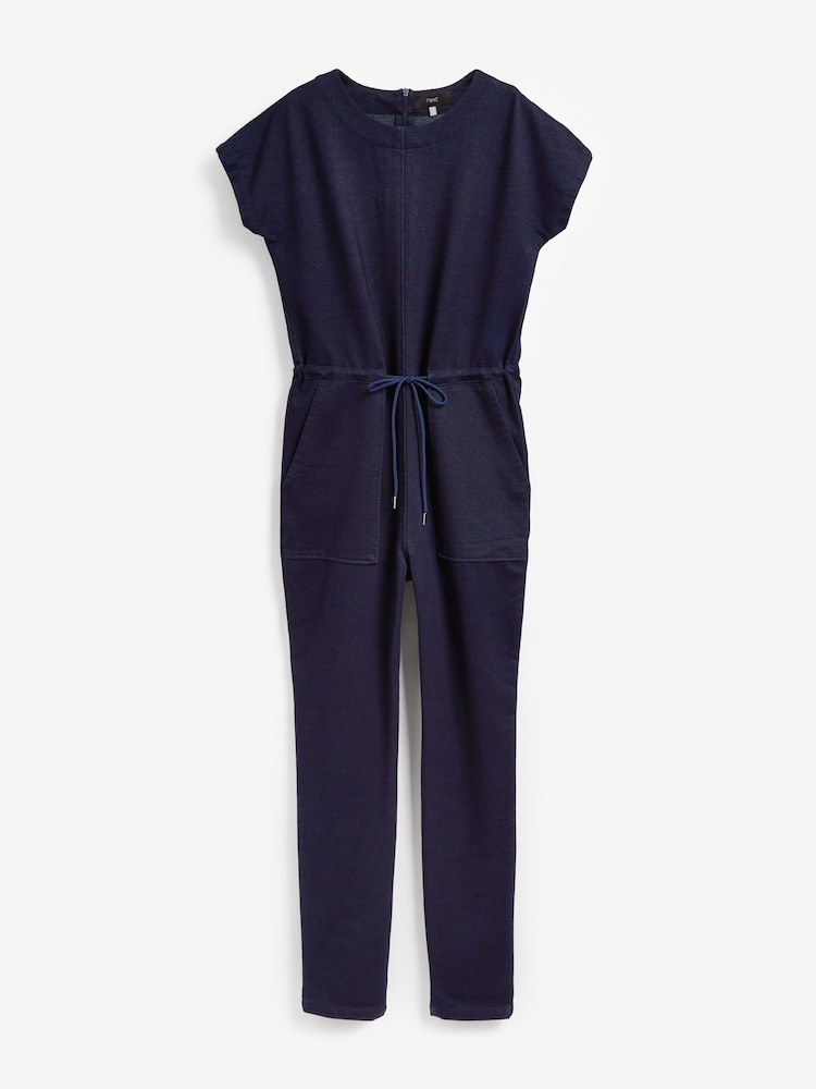 Rinse Blue Tie Waist Short Sleeve Jersey Denim Jumpsuit - Image 5 of 5 Rinse Blue Tie Waist Short Sleeve Jersey Denim Jumpsuit - Image 5 of 5