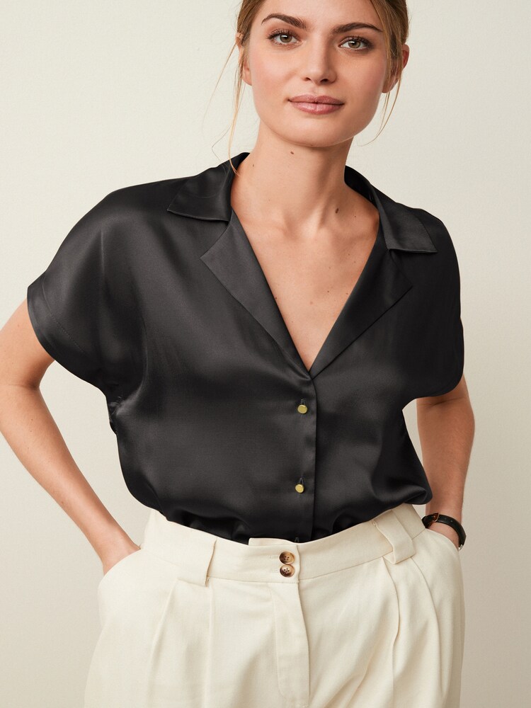 Black Short Sleeve Satin Shirt - Image 1 of 1