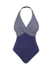 Figleaves Blue Tailor Twist Underwired Longer Length Halter Tummy Control Swimsuit - Image 5 of 5
