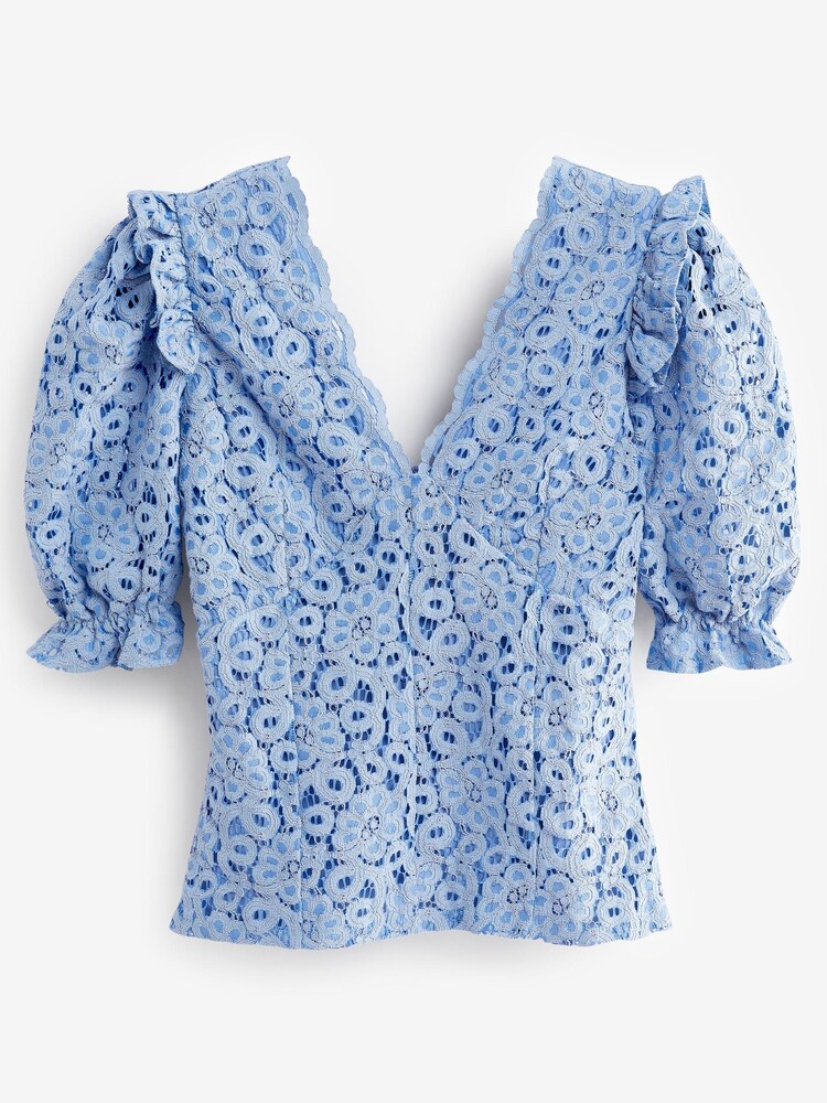 Blau - Spitzentop mit kurzen Puffärmeln und V-Ausschnitt - Bild 5 von 5 Blau - Spitzentop mit kurzen Puffärmeln und V-Ausschnitt - Bild 5 von 5