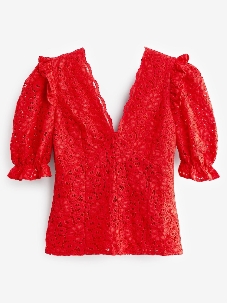 Rot - Spitzentop mit kurzen Puffärmeln und V-Ausschnitt - Bild 1 von 1 Rot - Spitzentop mit kurzen Puffärmeln und V-Ausschnitt - Bild 1 von 1