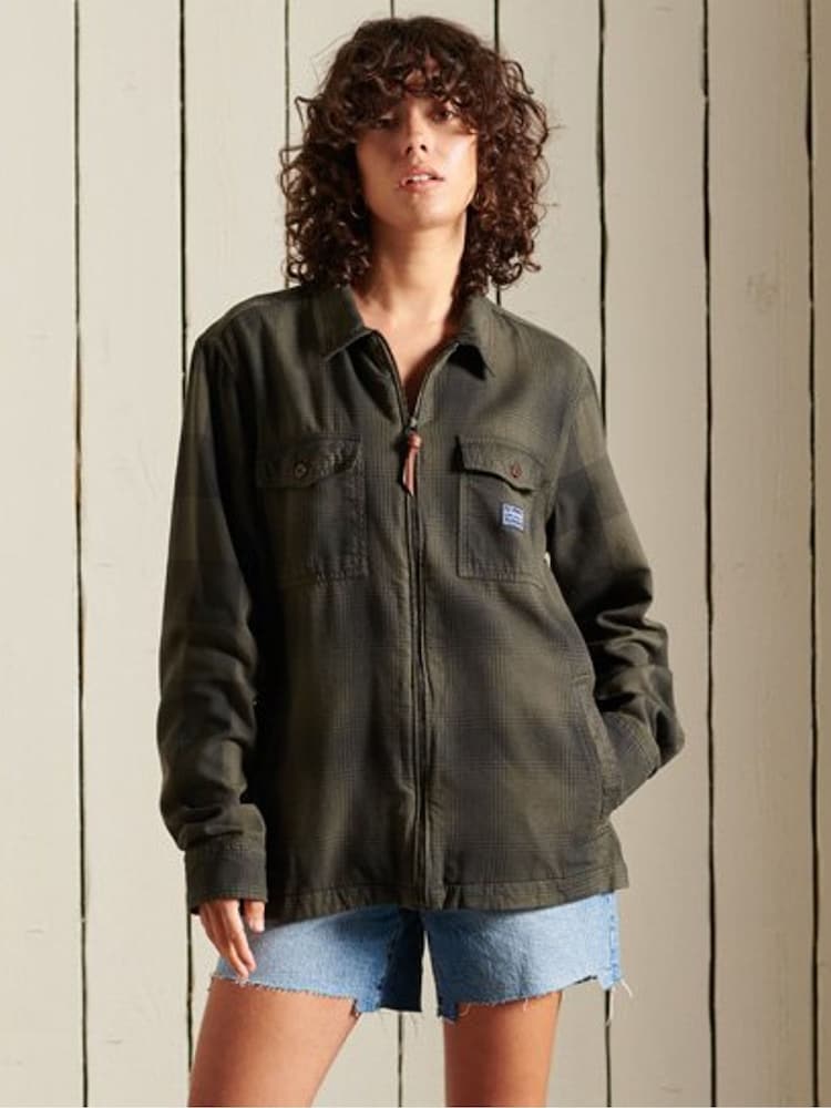Superdry Green Oversized 100% Cotton Flannel Shacket - Image 1 of 1 Superdry Green Oversized 100% Cotton Flannel Shacket - Image 1 of 1