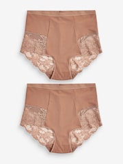 Caramel Nude Print Tummy Control Shaping Lace Back Brazilian Knickers 2 Pack - Image 1 of 1