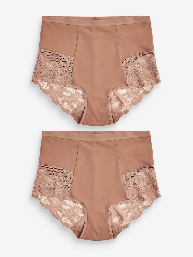 Caramel Nude Print Tummy Control Shaping Lace Back Brazilian Knickers 2 Pack - Image 1 of 1