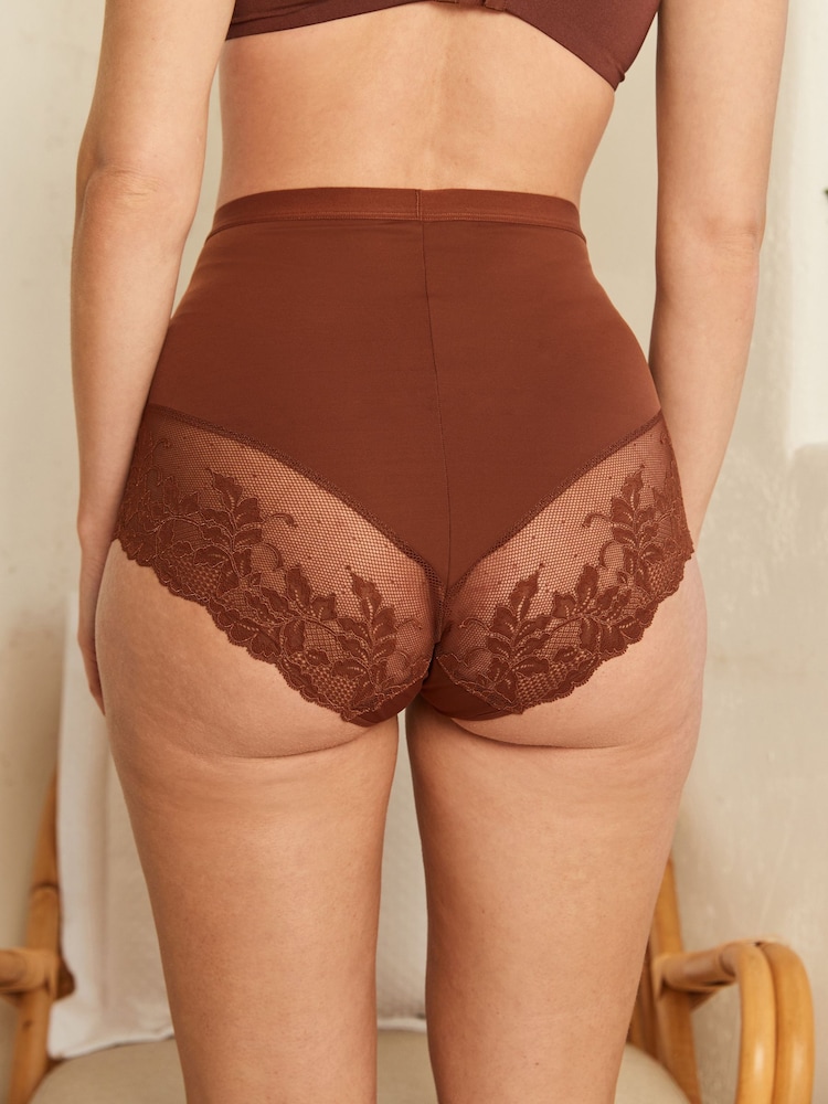 Caramel Nude Print Tummy Control Shaping Lace Back Brazilian Knickers 2 Pack - Image 4 of 6