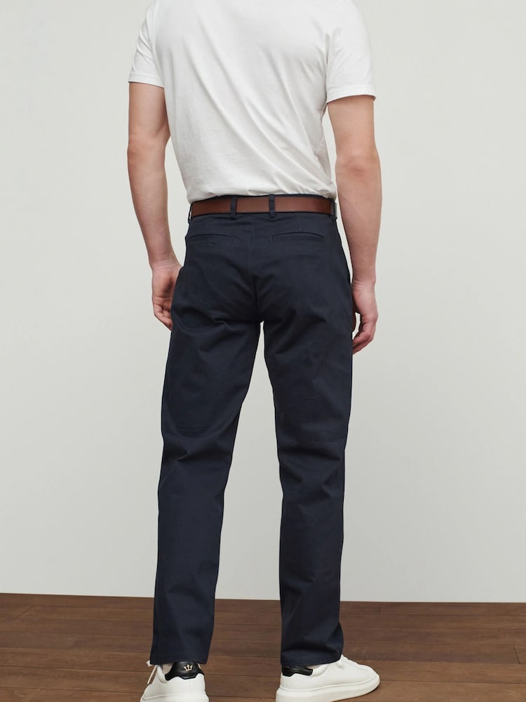 Navy Blue Straight Fit Belted Soft Touch Chino Trousers - Image 3 of 6
