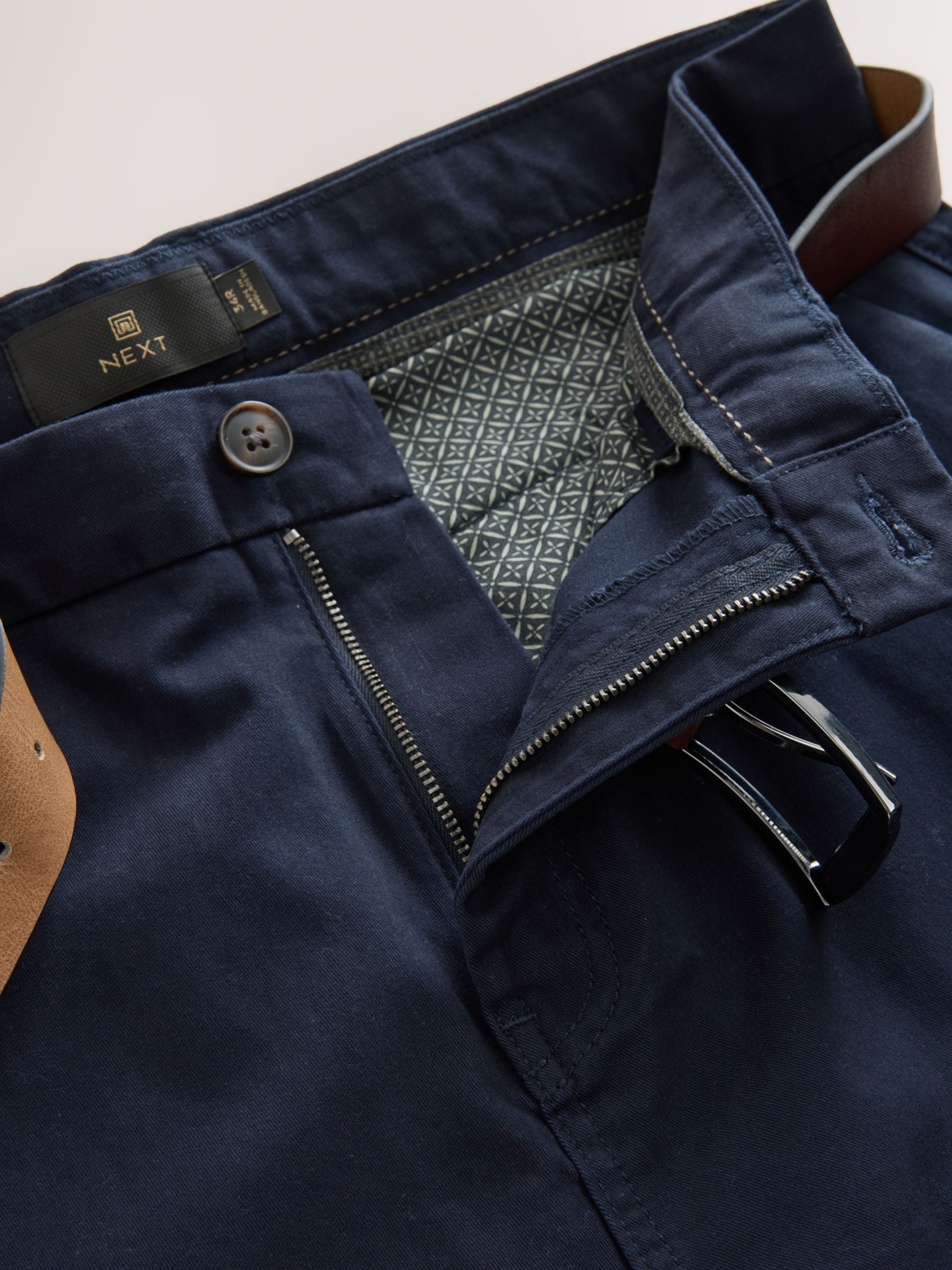 Buy Navy Blue Straight Fit Belted Soft Touch Chino Trousers from