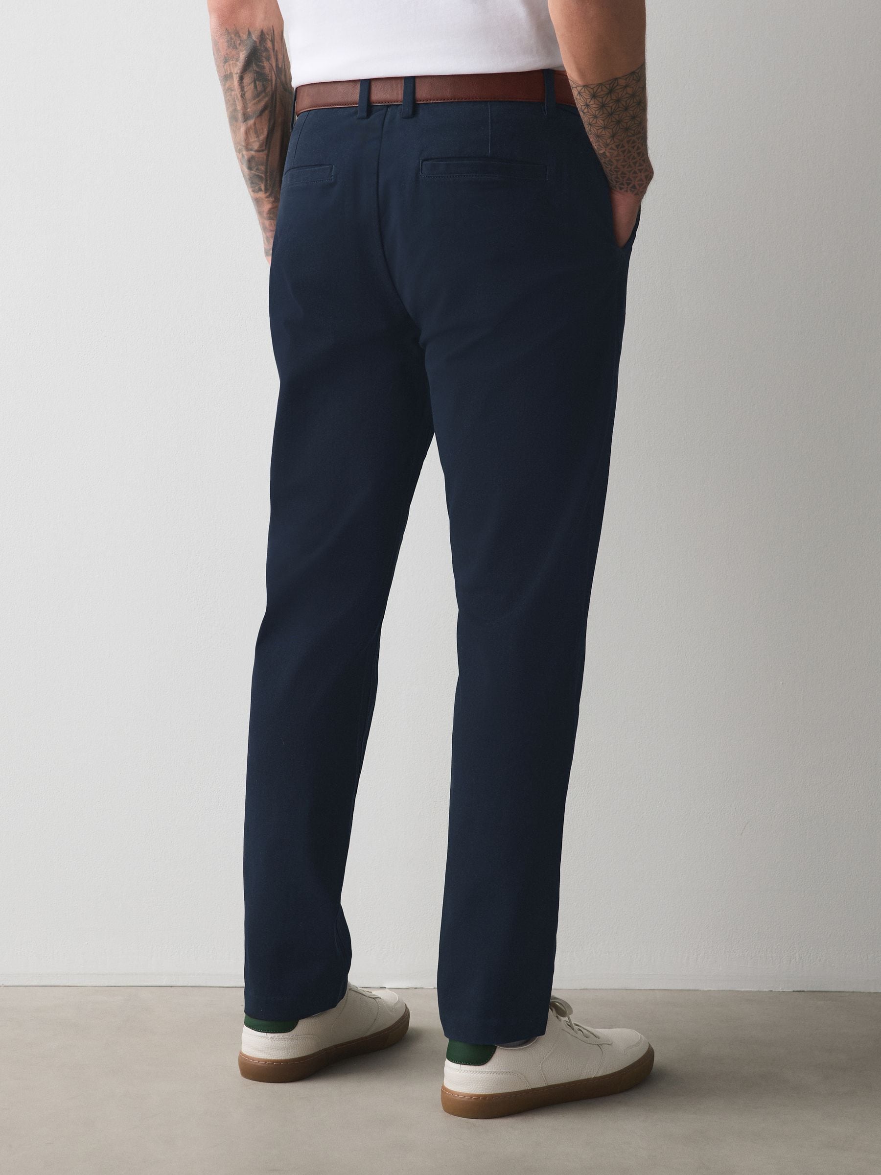 Buy Navy Blue Slim Fit Belted Soft Touch Chino Trousers from the
