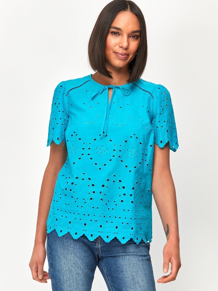 M&co Kurzärmeliges Top mit Lochstickerei, Blau - Bild 1 von 5