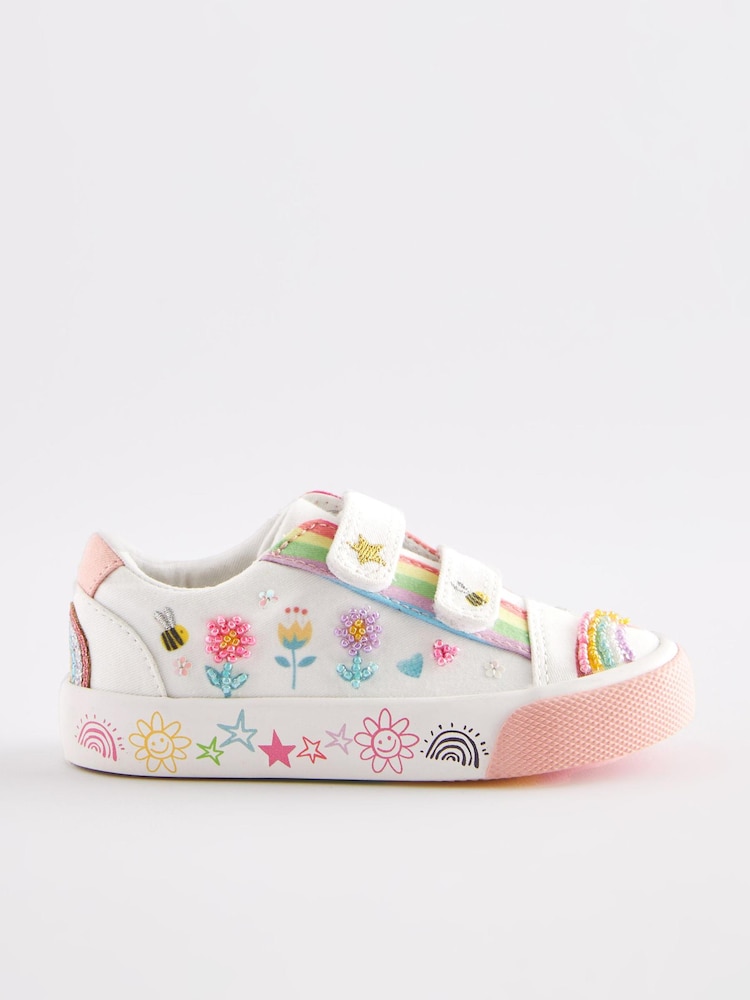 Weiß, Regenbogen, Verzierung - Turnschuhe mit Klettverschluss und verziertem Riemen - Bild 2 von 7
