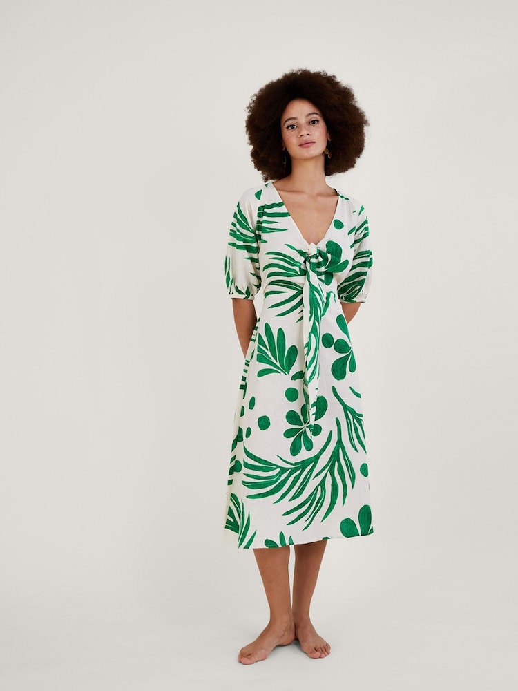 Monsoon Green Abstract Palm Print Tie Front Midi Dress - Image 1 of 4