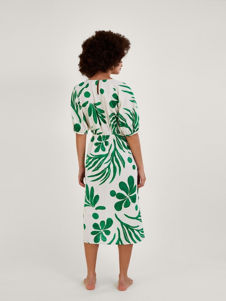 Monsoon Green Abstract Palm Print Tie Front Midi Dress - Image 2 of 4