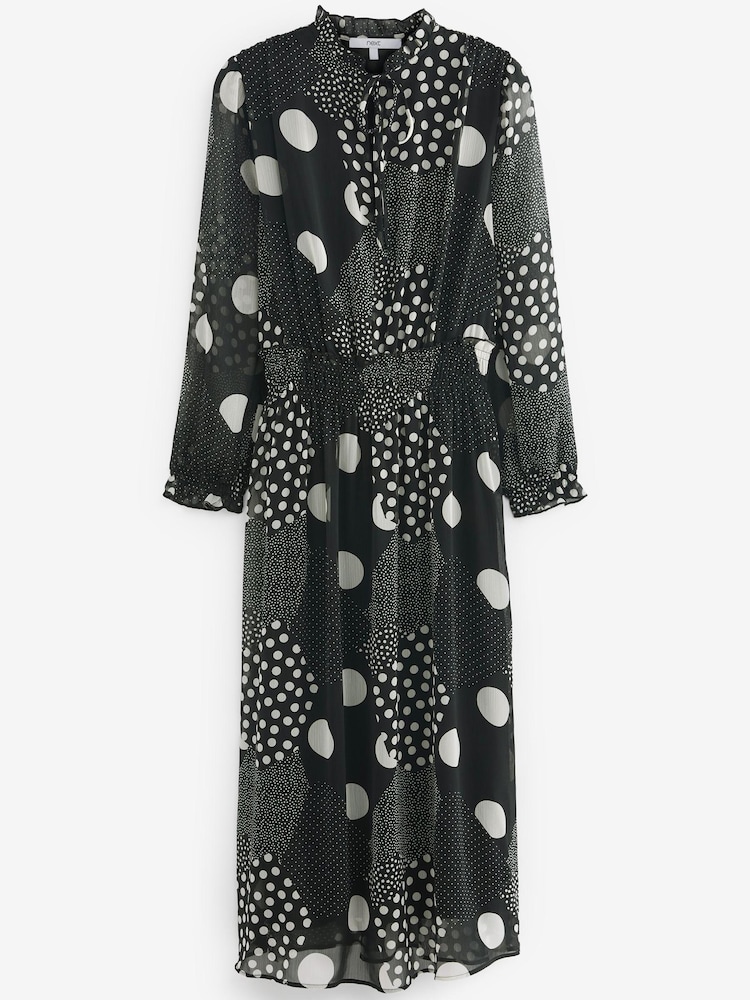 Schwarz/Weiß gepunktet - Langärmeliges Midi-Kleid aus Chiffonmix - Bild 5 von 5
