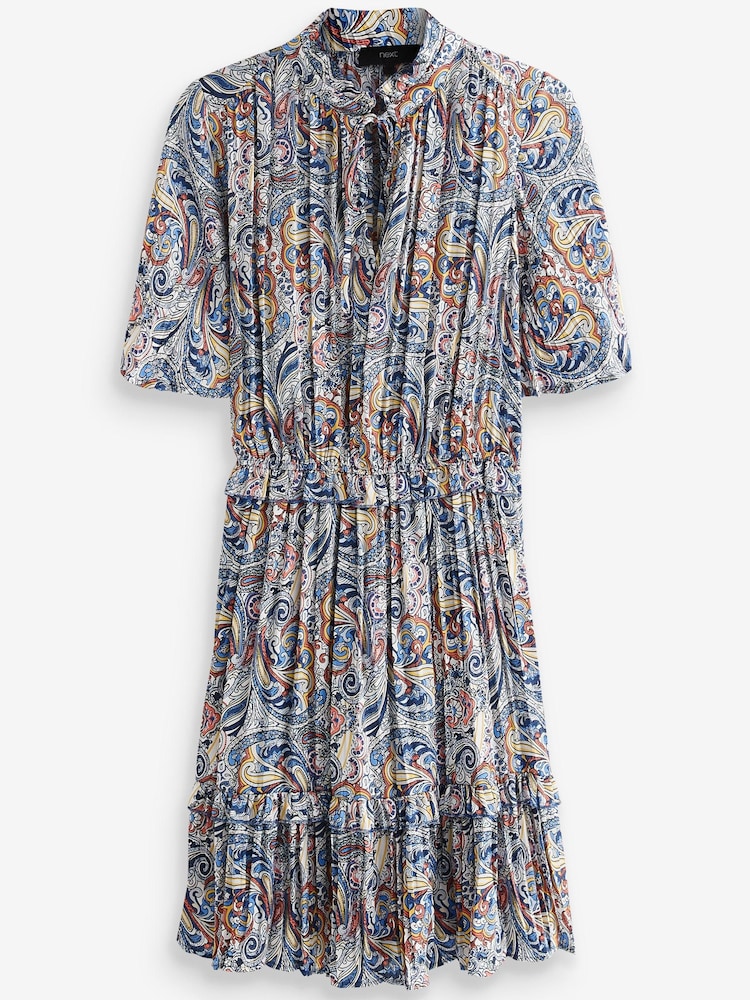 Blue Paisley Print Satin Mini Angel Sleeve Dress - Image 2 of 2