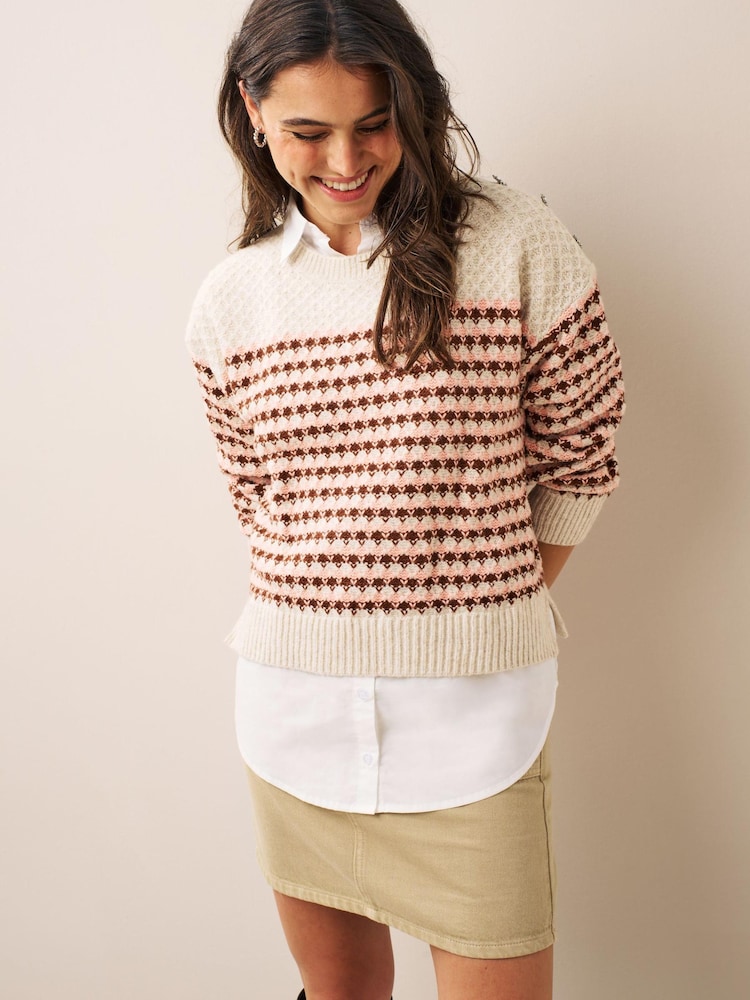 Ecru Creme - Pullover mit Streifen und Knopfleiste - Bild 1 von 5 Ecru Creme - Pullover mit Streifen und Knopfleiste - Bild 1 von 5