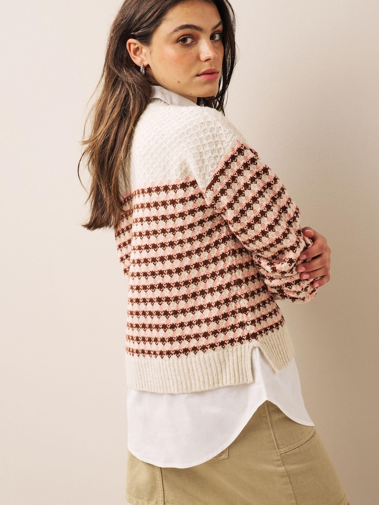 Ecru Creme - Pullover mit Streifen und Knopfleiste - Bild 2 von 5 Ecru Creme - Pullover mit Streifen und Knopfleiste - Bild 2 von 5