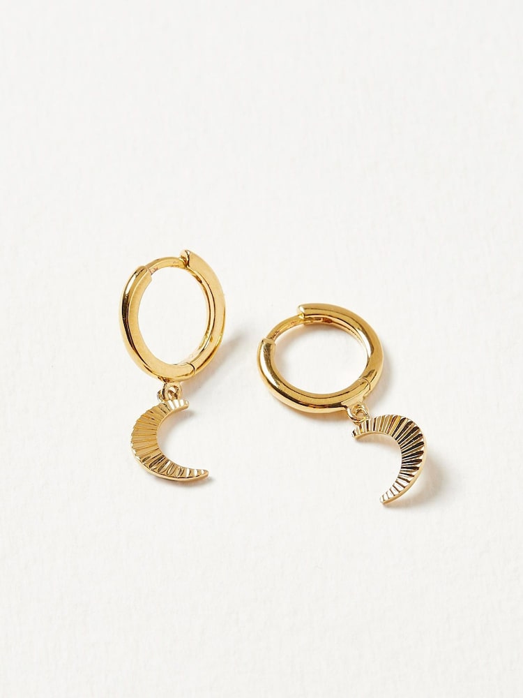 Oliver Bonas Gold Tone Luna Engraved Moon Drop Earrings - Image 2 of 4