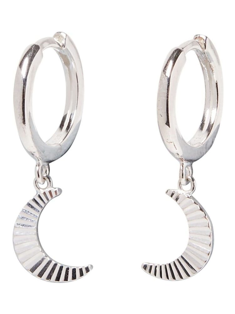 Oliver Bonas Silver Plated Luna Engraved Moon Drop Earrings - Image 1 of 4