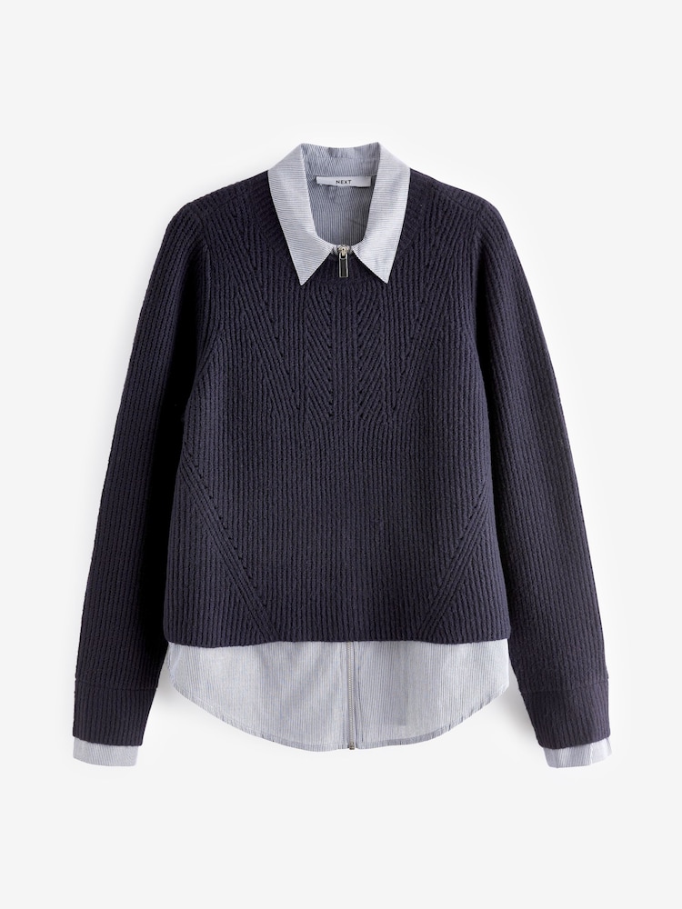 Navy Blue Zip Shirt Layer Jumper - Image 5 of 6