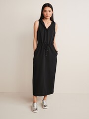 Black Sleeveless Open Neck Tie Waist Hoodie Dress - Image 1 of 4