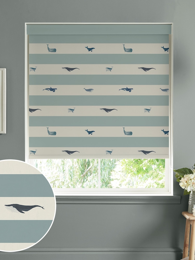 Sophie Allport Deep Duck Egg Blue Stripe Kids Whale Made To Measure Roller Blind - Image 1 of 4
