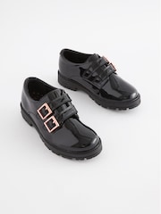 Black Leather Rose Gold Touch Fastening Buckle School Shoes - Image 1 of 5