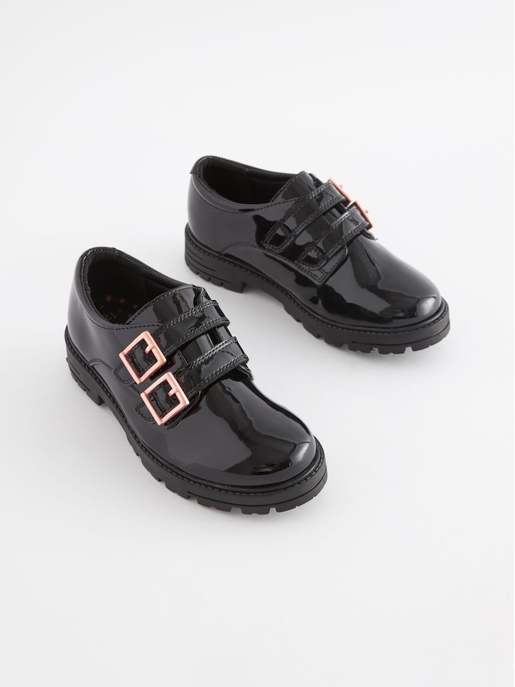 Black Leather Rose Gold Touch Fastening Buckle School Shoes - Image 1 of 5
