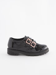 Black Leather Rose Gold Touch Fastening Buckle School Shoes - Image 2 of 5