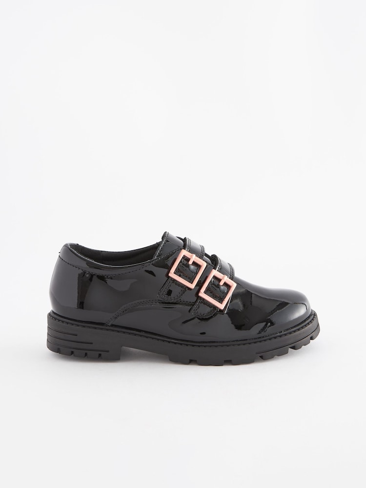 Black Leather Rose Gold Touch Fastening Buckle School Shoes - Image 2 of 5