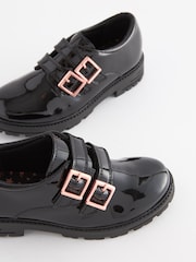 Black Leather Rose Gold Touch Fastening Buckle School Shoes - Image 3 of 5