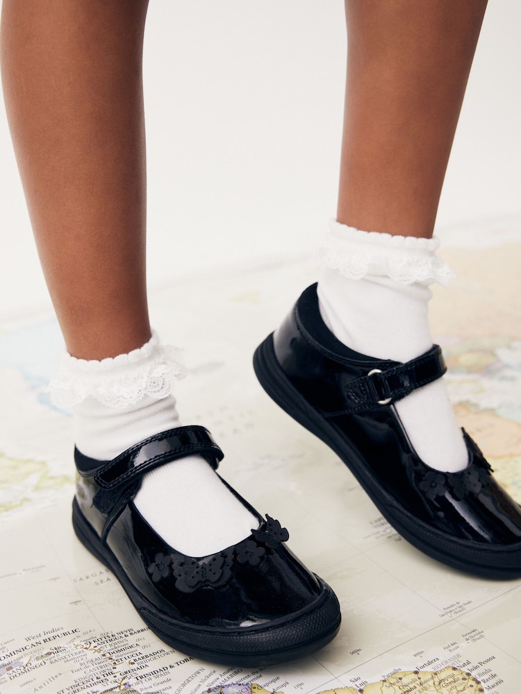 Black Butterfly Detail Standard Fit (F) Junior Leather School Mary Jane Shoes - Image 1 of 9