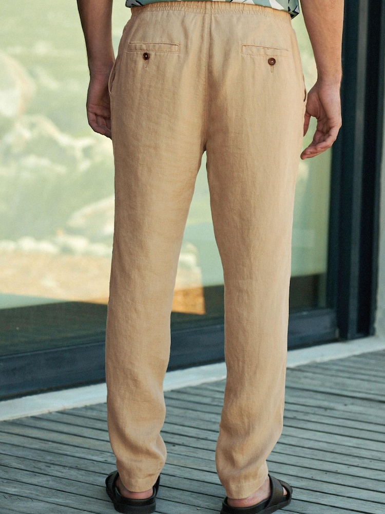 Stone Natural 100% Linen Elasticated Waist Trousers - Image 3 of 12